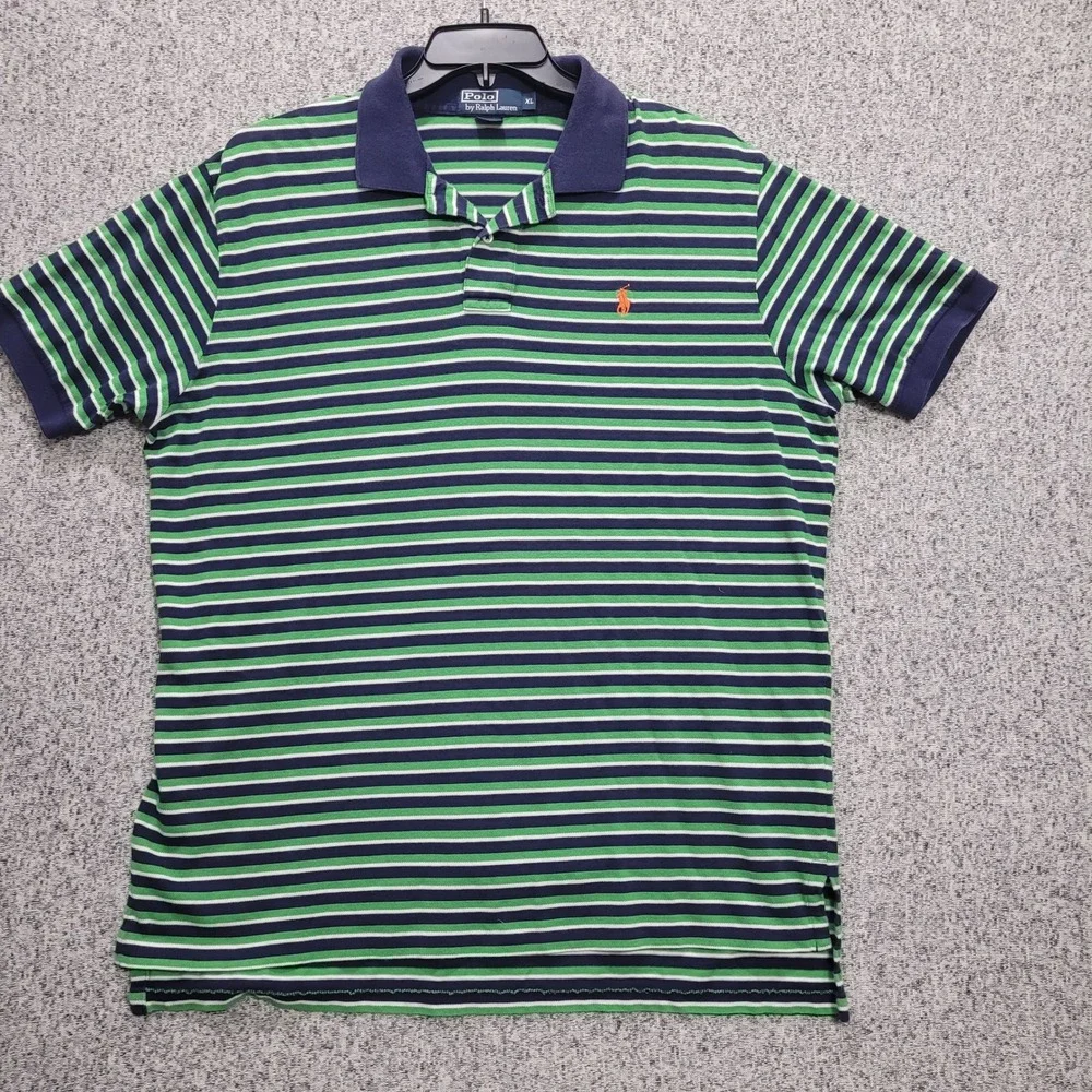 Polo Ralph Lauren Mens XL Blue Green Striped Short Sleeve Cotton Polo Shirt